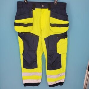 Blaklader High Vis Work Pants Mens 34/30 Hi-Viz Reflective Utility Navy Yellow